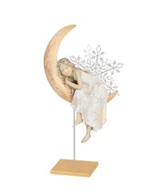 Christmas Angel in Moon Figurine 8" High Resin Metal Calm and Peace Sturdy Base