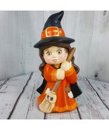 Halloween Ceramic Girl Witch w Broom Trick or Treat 8&quot; Figurine Hobbyist... - £14.93 GBP