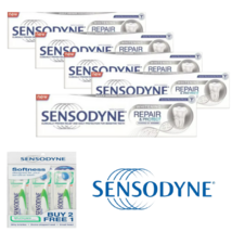 Sensodyne Toothpaste Whitening Repair &amp; Protect Whitening 100g x 5 +3 Toothbrush - £47.72 GBP