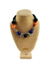 Vintage Hand Painted Multicolored Wood Beads Necklace Ball Beads  - £11.83 GBP