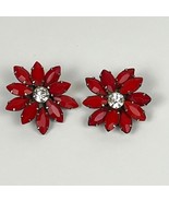Vintage Weiss Red Flower Clip-On Earrings Rhinestone Red Glass - $1,383.96 MXN