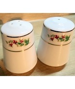Christmas Holly Berry White Salt &amp; Pepper Shakers Set Gold Trim Porcelain - $12.26 CAD