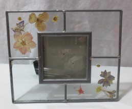 Vintage Leaded Glass Picture Frame w Dried Pressed Flowers Inside 5 x 6 - £16.07 GBP