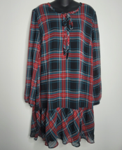 Draper James Women Dress XXL Tie neck Flounce Shift Sheer Long Sleeves Plaid NEW - £18.12 GBP