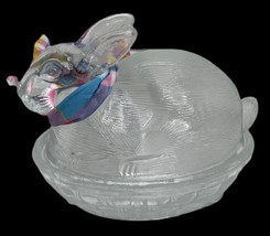 Vintage Clear Glass Nested Bunny Rabbit covered Candy Trinket Dish Easte... - £11.18 GBP