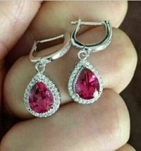 2.50Ct Pear Simulated Ruby Drop/Dangle Earrings 14K White Gold Plated Silver - £79.12 GBP