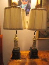 Mid Century Table Lamps Chinese Bakelite Figural Silk Shade Ormulu Finial 30&quot; - £236.70 GBP