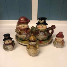 Ceramic Tea Pot Sugar and Creamer Salt and Peppe Snowman snow woman 6 Pi... - $47.97
