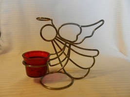 Gold Tone Metal Wire Angel Figurine Tea Light Candle Holder Red Glass 5.75&quot; Tall - £18.04 GBP
