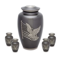 Set of Gray Brass American Flag &amp; Eagle Cremation Urns - Adult &amp; 4 Keepsakes - £187.16 GBP