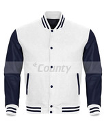 Bomber Varsity Letterman Baseball Jacket White Body &amp; Navy Blue Leather ... - $95.98
