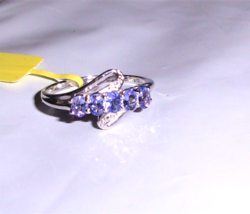 Tanzanite Oval & Diamond 5 Stone Band Ring, Platinum / Silver, Size 6, 0.76(Tcw) - $79.99
