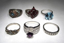 Vintage Sterling Silver Ladies Rhinestone Glass Statement Rings Lot of 6 C3393 - £100.48 GBP