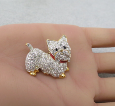 Yorkie Dog Brooch Gold Vermeil Sterling 925 Bright Rhinestones Red Enamel Collar - £34.45 GBP