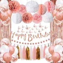  Rose Gold Pink Birthday Party Decorations with Happy Birthday Banner Cu - $30.99