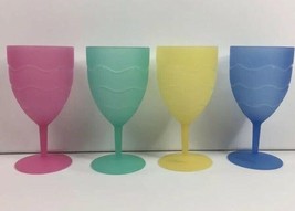 Set 4 Plastic Wine Cups Blue Pink Green Yellow 7&quot; Outdoor Pool Party Pic... - £23.58 GBP