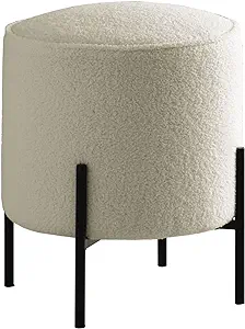 Fabric Upholstered Round Ottoman With Metal Base In Beige And Matte Black - $202.99