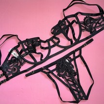 Victoria&#39;s Secret unlined 34DD BRA SET S strappy BLACK CUTOUT APPLIQUE e... - $79.19