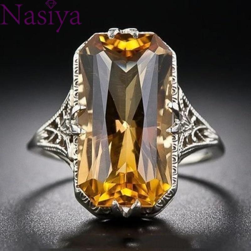 Citrine hollowed-out Carved 925 Silver Rings