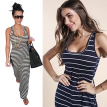 Celebrity Fashion Sleeveless Striped Racer Back Cotton T-shirt Maxi Dress dp231 - £17.30 GBP