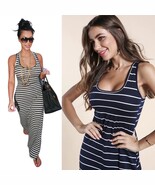 Celebrity Fashion Sleeveless Striped Racer Back Cotton T-shirt Maxi Dres... - $34.16 CAD