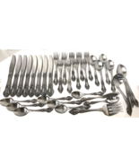 NATIONAL STAINLESS ROSE STAINLESS FLATWARE SET FORKS SPOONS 33 Pcs Cut Outs - $146.57 CAD