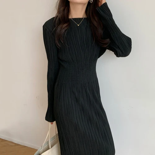 Matakawa Dresses for Women 2023 Korean Fashion Retro Simple O Neck Wrinkle  Wais - $91.36