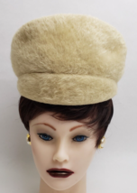 Vintage Mystere Women&#39;s Church Hat Beige Cloth Bow Imported Fur - £38.89 GBP
