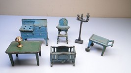 Antique Cast Iron 7pc Dollhouse Cradle High Chair Stove Cart Lamps Table Lot - $79.00