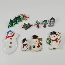 vintage christmas jewelry lot brooch pins Snowman Holly Berries Trees Stocking  - £7.50 GBP