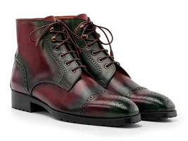 Paul Parkman Mens Shoes Boots Green Brown Leather Cap Toe Handmade BT956... - $579.99
