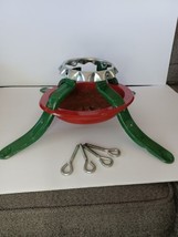 Christmas Tree Stand Red &amp; Green Metal Four Leg Stand 5&quot; diam. Tree Vintage 1970 - £14.03 GBP