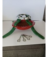 Christmas Tree Stand Red &amp; Green Metal Four Leg Stand 5&quot; diam. Tree Vint... - £13.94 GBP