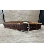 FOSSIL Woven  BOHO Brown Leather Belt Solid Brass Size 30”. Fits 28-32 - $20.31 CAD