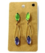 Gold Tone Dangle Earrings with Green &amp; Purple Marquise Cabochons 2” - $20.51 CAD