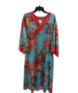 Natori Floral Print Long House Dress V-Neck Kimono Teal Red Women’s Size M - $81.22 CAD