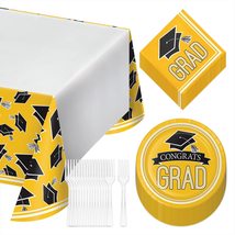 HOME &amp; HOOPLA Graduation Party Yellow School Spirit Grad Paper Dessert Plates, N - £20.43 GBP