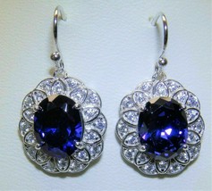 4Ct Oval Cut Blue Sapphire Diamond Drop/Dangle Earrings 14K White Gold Finish - £87.04 GBP