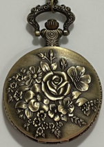 Quartz Pocket Watch with Chain Bronze Toned Bloom Rose Flower Full Hunter New - £9.37 GBP