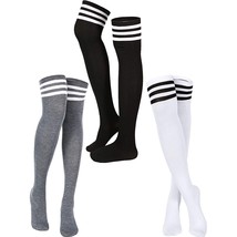 3 Pairs Triple Stripe Over The Knee Socks Extra Long Opaque Thigh High Stockings - £17.29 GBP