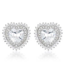 Precious Stars Silvertone Clear Cubic Zirconia Heart Halo Stud Earrings - £21.53 GBP