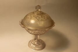 Vintage Etched Glass Candy Dish Diamond Design Covered Scalloped Rim - £15.45 GBP