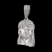 MICROPAVE 14k White Gold Plated Silver Jesus Piece Mini Pendant Moissanite Charm - £576.68 GBP