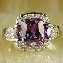 2.50Ct Cushion Cut Amethyst Diamond Halo Engagement Ring 14K White Gold Over - £77.87 GBP