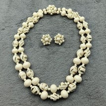 West Germany White Double Strand Plastic Bead Necklace Faux Carved Clip Earrings - £34.80 GBP