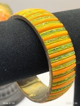 Vintage Strips of Crystal Green Acrylic Orange Brass Bangle Bracelet - £9.49 GBP