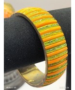 Vintage Strips of Crystal Green Acrylic Orange Brass Bangle Bracelet - £9.34 GBP