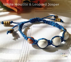 White and Blue (with red and brown) Stone adjustable Shambhala Macramé Bracelet - £9.38 GBP