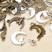10 Moon Pendants Assorted Antiqued Silver Bronze Celestial Mixed Charms Lot - £3.74 GBP