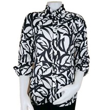Chicos Linen Blouse Womens 0 Sz 4 Black White Tropical Leaf Print 3/4 Sleeve Top - £21.57 GBP